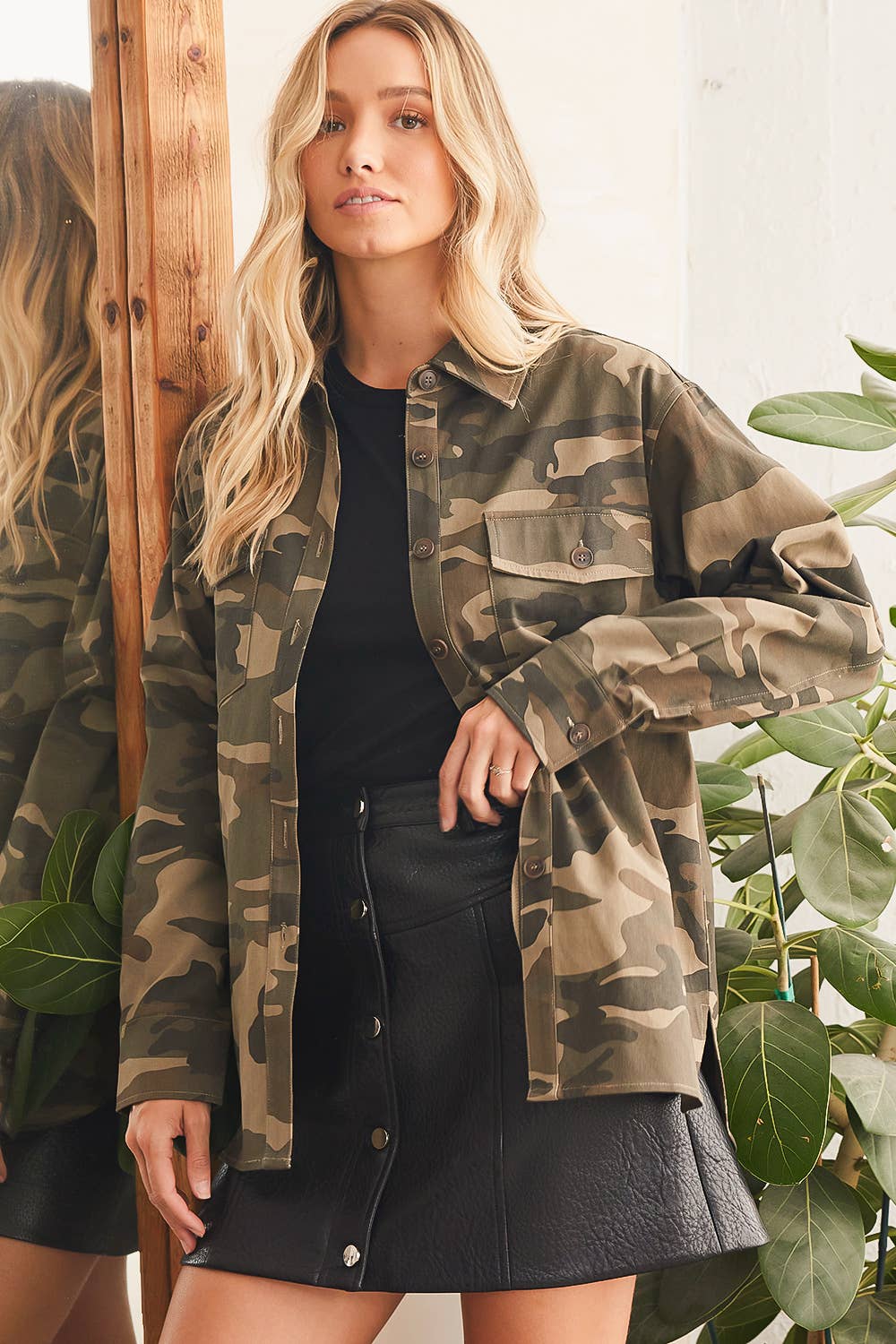 Andie Button Down Camo Shacket: Army