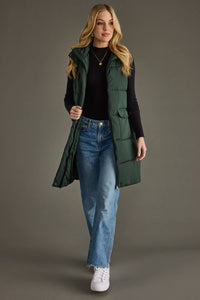 The Aspen Longline Puffer Vest – Quilted Fall Layer with Pockets (Brown & Hunter Green)