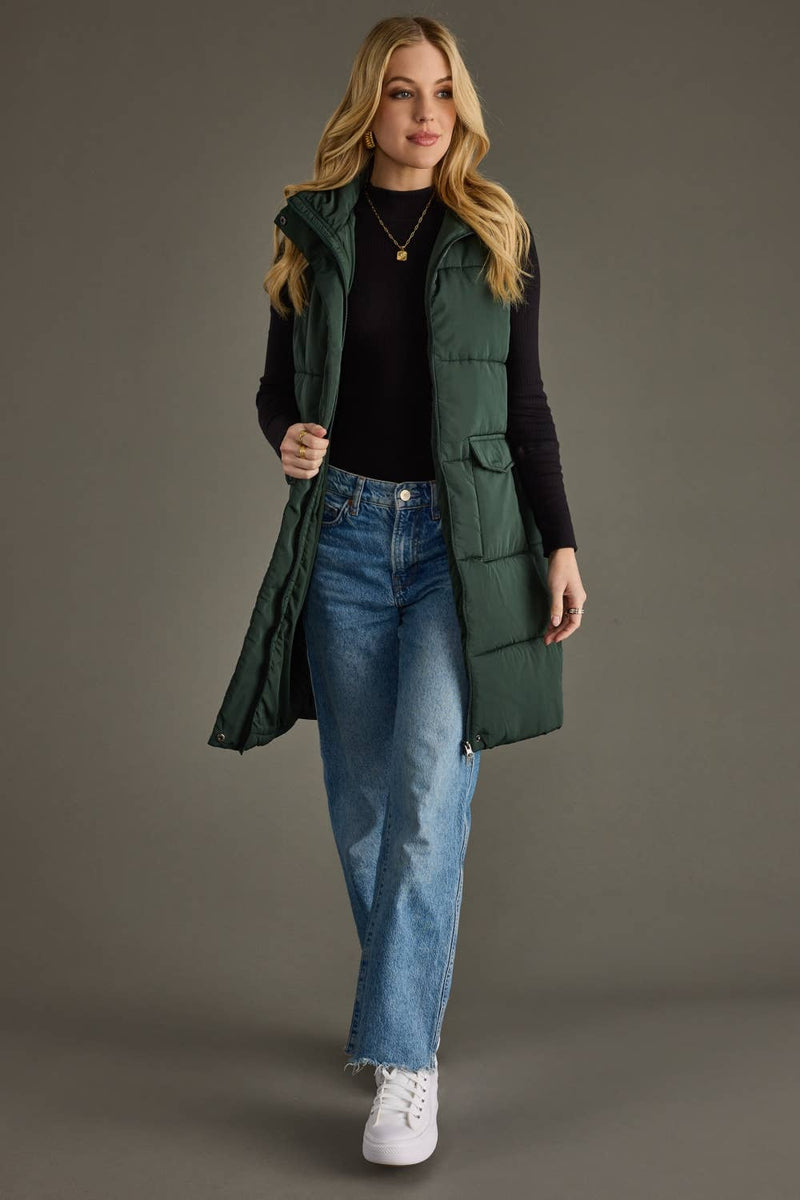 The Aspen Longline Puffer Vest – Quilted Fall Layer with Pockets (Brown & Hunter Green)