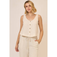 The Brynn Button Up Linen Blend Top – Sleeveless Coconut Button Tank: Oatmeal