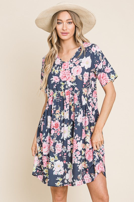 Ariella Floral Swing Dress-Navy/Multi