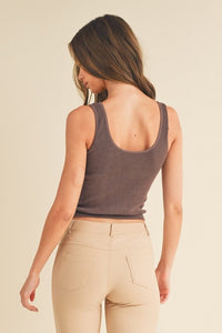 Reversible Stone Washed Ribbed Tank Top – V-Neck & U-Neck | Seamless Fitted Sleeveless Layering Essential