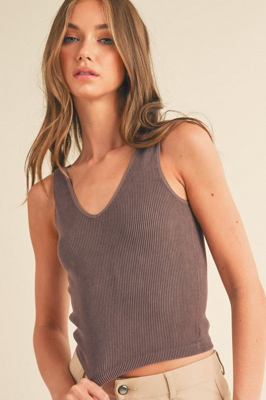 Reversible Stone Washed Ribbed Tank Top – V-Neck & U-Neck | Seamless Fitted Sleeveless Layering Essential