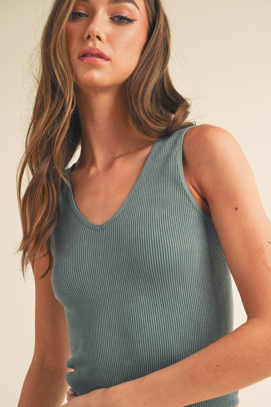 Reversible Stone Washed Ribbed Tank Top – V-Neck & U-Neck | Seamless Fitted Sleeveless Layering Essential