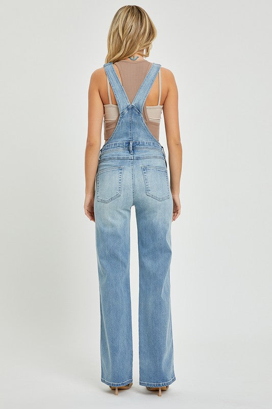 Risen Straight Leg Overalls: Medium Wash – Casual, Comfortable, and Timeless Denim