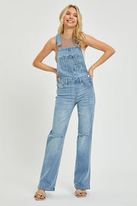 Risen Straight Leg Overalls: Medium Wash – Casual, Comfortable, and Timeless Denim