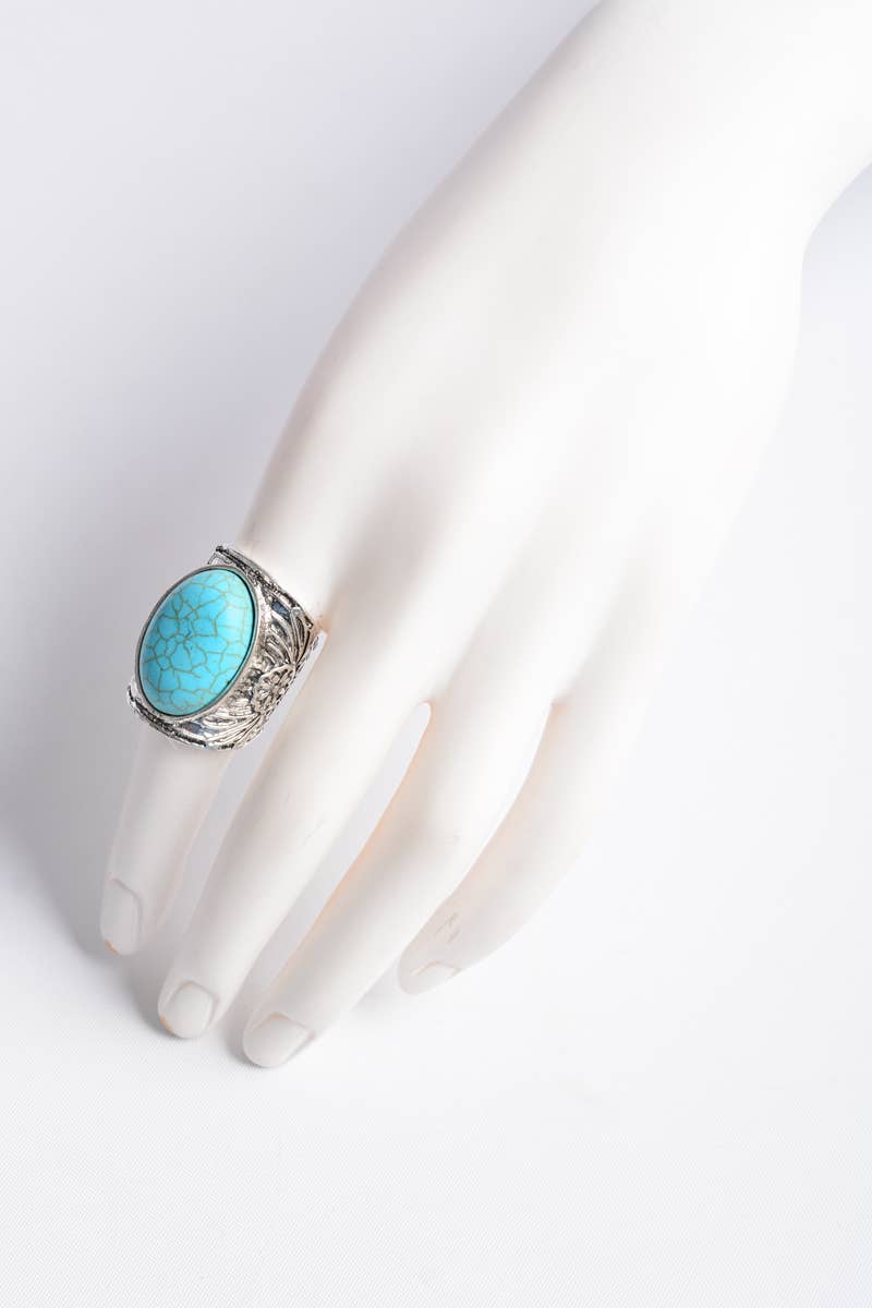 Round Turquoise Stone Floral Engraved Adjustable Ring: Silver