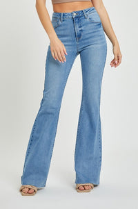 Risen High Rise Raw Hem Bootcut Jeans: Medium Wash