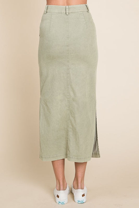 Zoey Washed Denim Midi Skirt: Vintage Olive