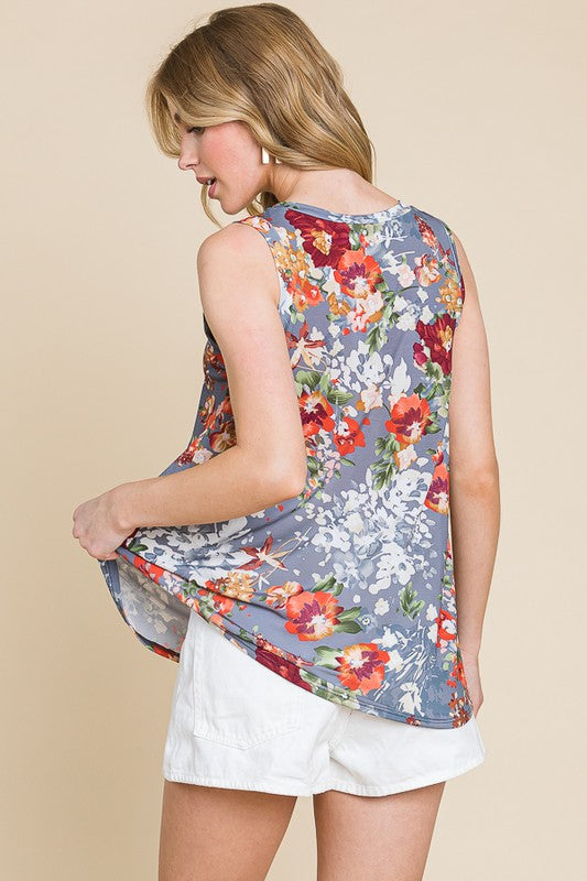 Brianna Relaxed Fit Floral Tank- Grey/Multi