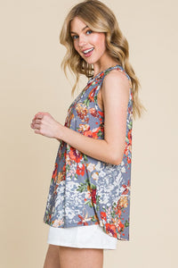 Brianna Relaxed Fit Floral Tank- Grey/Multi
