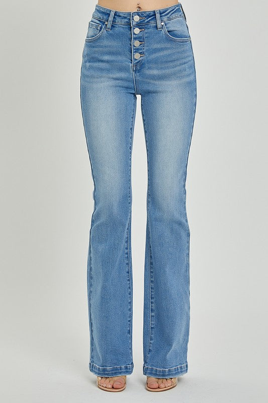 Risen High Rise Boot Cut Button Fly Jeans- Light Wash