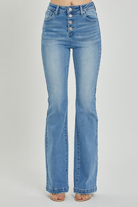 Risen High Rise Boot Cut Button Fly Jeans- Light Wash