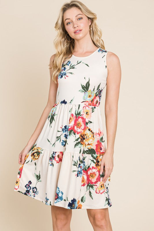Holly Floral Print Sleeveless Dress: Cream