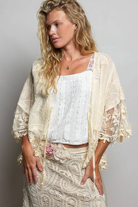 1/2 Sleeve Lace Ruffle Trim Opening Solid Crochet Cardigan: NATURAL / Os