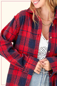 Rowan Mineral Wash Plaid Flannel Shacket with Raw Edge Details
