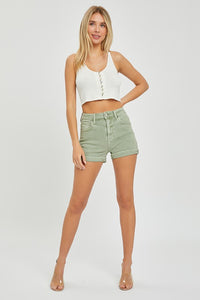 Risen High Rise Cuffed Denim Shorts: Olive