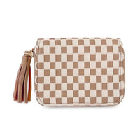The Wynona Woven Wallet – Checkered Vegan Leather Compact Wallet: Black/Tan
