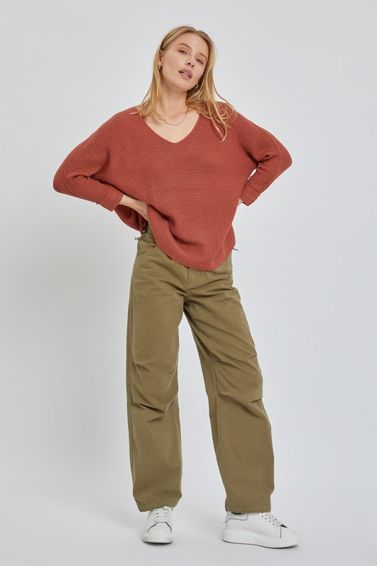 Ethel Slouchy V-Neck Sweater- Brick