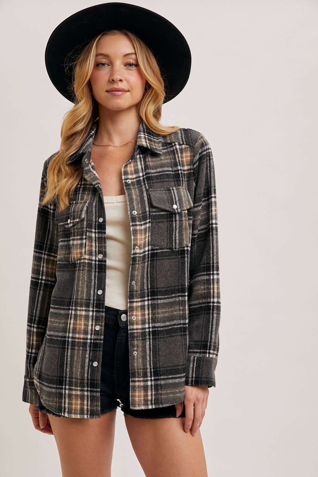 Oakley Brushed Plaid Flannel Button Down – Charcoal Cream Western Shacket