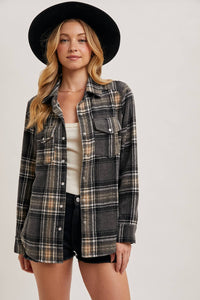 Oakley Brushed Plaid Flannel Button Down – Charcoal Cream Western Shacket