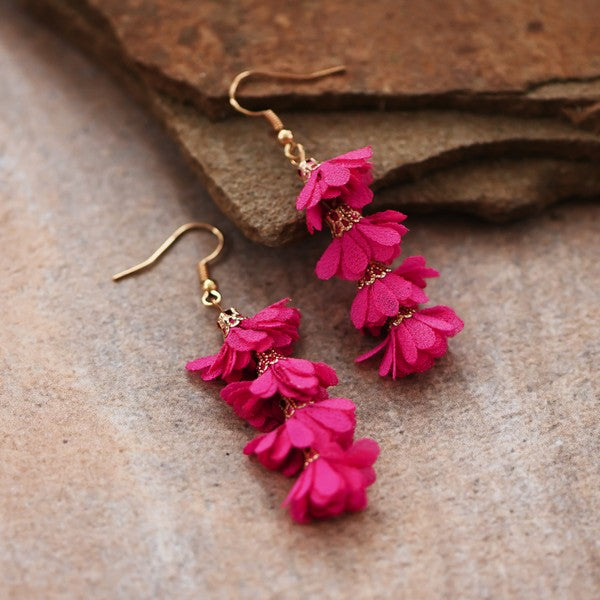 Tulum Boho Fabric Flower Drop Earrings- Hot Pink