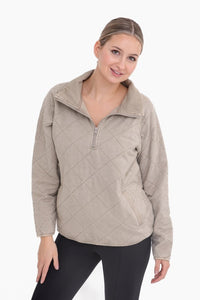 June Quilted Mineral-Wash Hald-Zip Pullover- Taupe