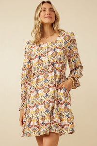 Lena Boho Print Womens Floral Square Neck Button Dress: Mustard