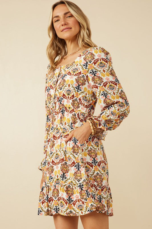 Lena Boho Print Womens Floral Square Neck Button Dress: Mustard