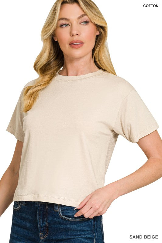 Frankie Cropped Cotton Crew Neck Tee – Relaxed Fit Short Sleeve Everyday Basic