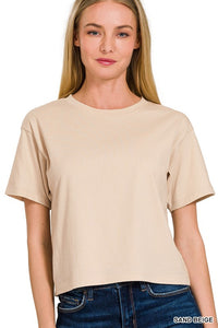 Frankie Cropped Cotton Crew Neck Tee – Relaxed Fit Short Sleeve Everyday Basic