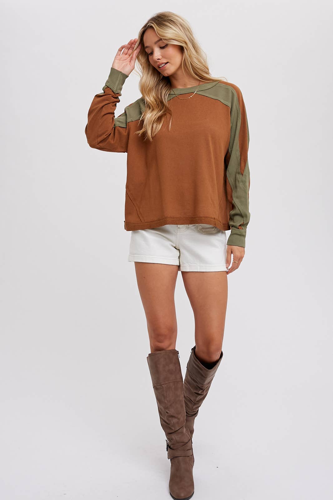 Sutton Contrast Sleeve Oversized Long Sleeve Top – Chestnut & Olive