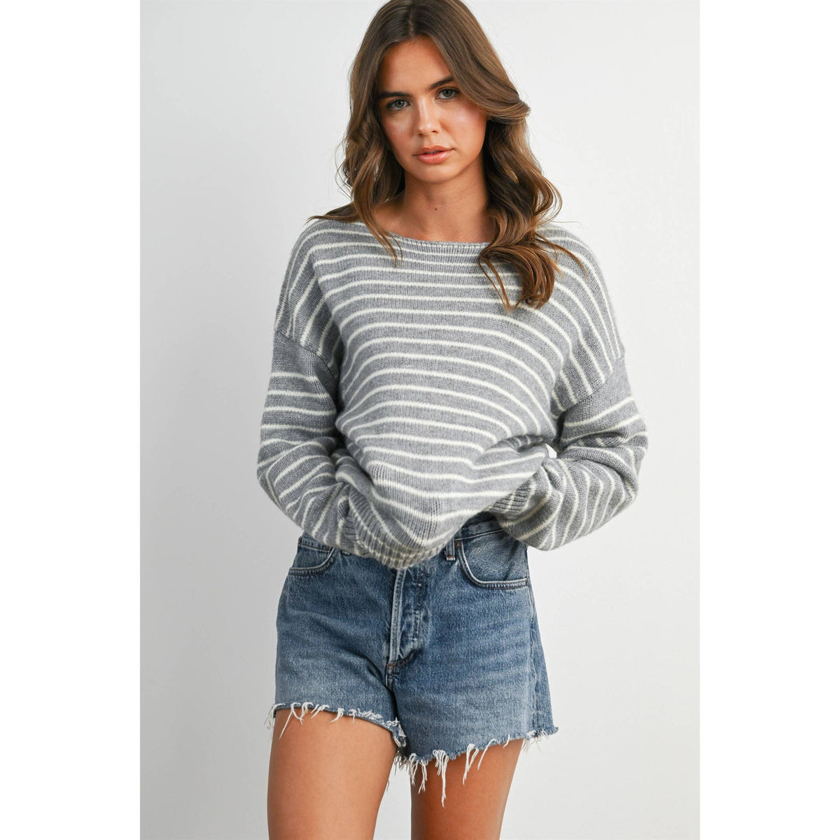 Cloud Stripe Crewneck Sweater-BMW8384: NAVY / IVORY / S