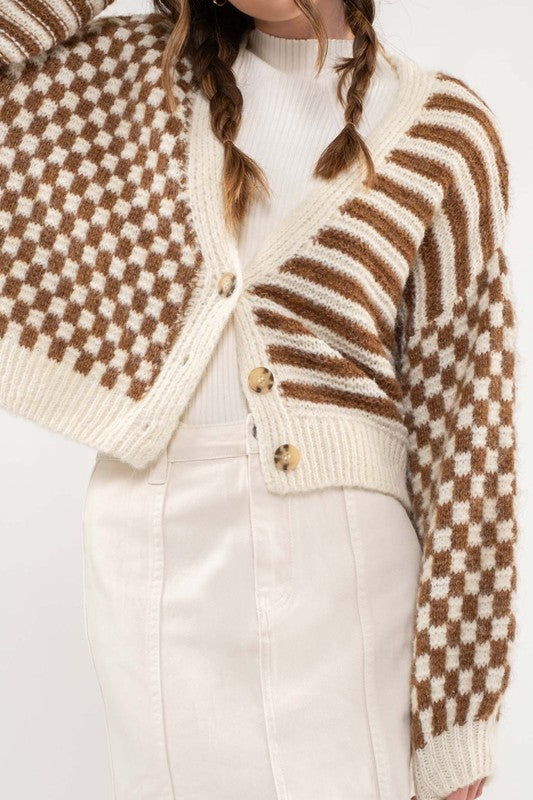 Tanner Striped and Checkered Cardigan- Brown