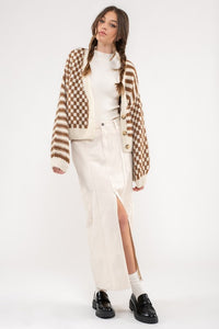 Tanner Striped and Checkered Cardigan- Brown