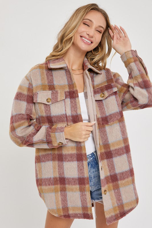 Mila Plaid Shacket: Mauve/ Burgundy