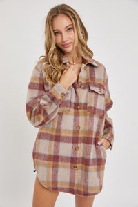 Mila Plaid Shacket: Mauve/ Burgundy