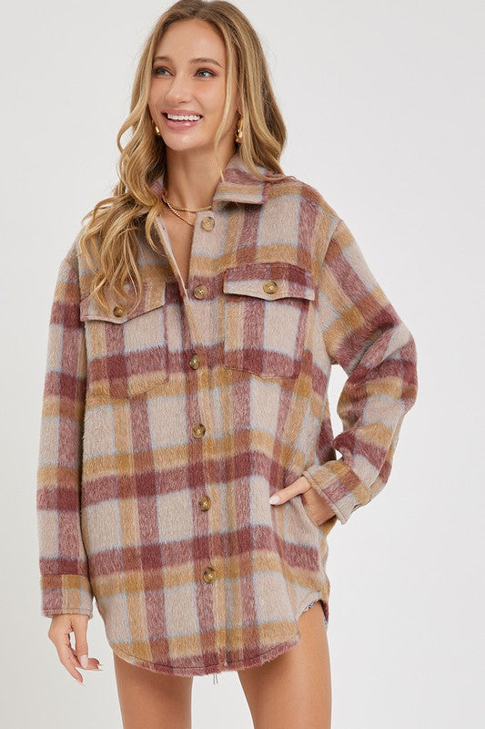 Mila Plaid Shacket: Mauve/ Burgundy