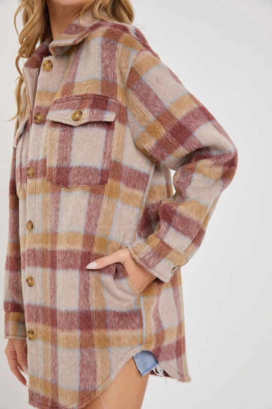 Mila Plaid Shacket: Mauve/ Burgundy