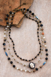 Triple Layered Mixed Glass Bead and Stone Necklace