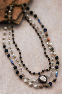 Triple Layered Mixed Glass Bead and Stone Necklace