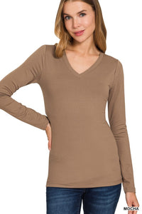 Harper Brushed Microfiber V-Neck Long Sleeve Tee – Buttery Soft Basic (S–3X)