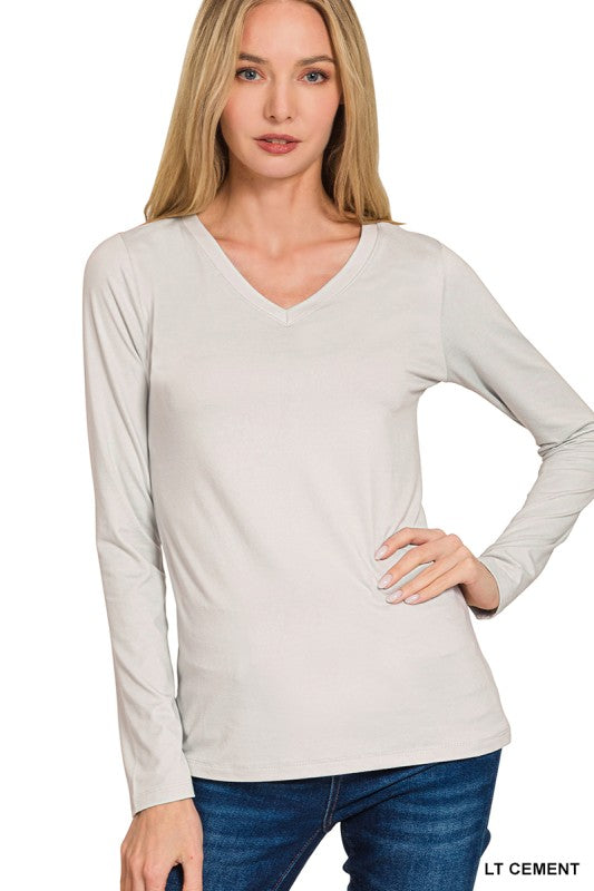 Harper Brushed Microfiber V-Neck Long Sleeve Tee – Buttery Soft Basic (S–3X)