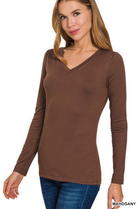 Harper Brushed Microfiber V-Neck Long Sleeve Tee – Buttery Soft Basic (S–3X)