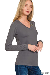 Harper Brushed Microfiber V-Neck Long Sleeve Tee – Buttery Soft Basic (S–3X)