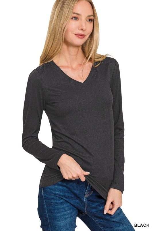 Harper Brushed Microfiber V-Neck Long Sleeve Tee – Buttery Soft Basic (S–3X)