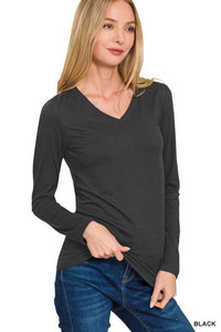 Harper Brushed Microfiber V-Neck Long Sleeve Tee – Buttery Soft Basic (S–3X)