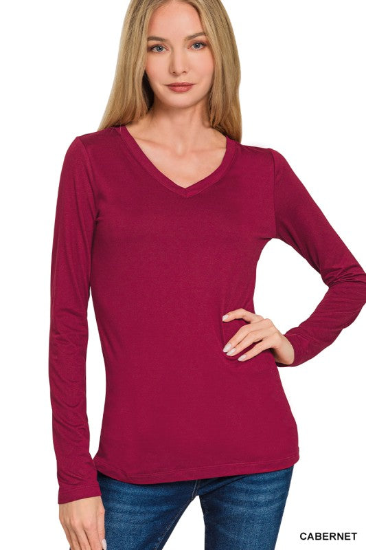 Harper Brushed Microfiber V-Neck Long Sleeve Tee – Buttery Soft Basic (S–3X)