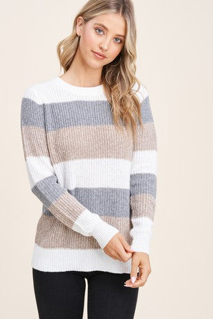Morgan Stripe Crew Sweater- Heather Grey/ Taupe