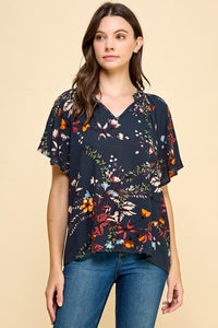 Jessica Floral Print Short Sleeve Blouse: Teal